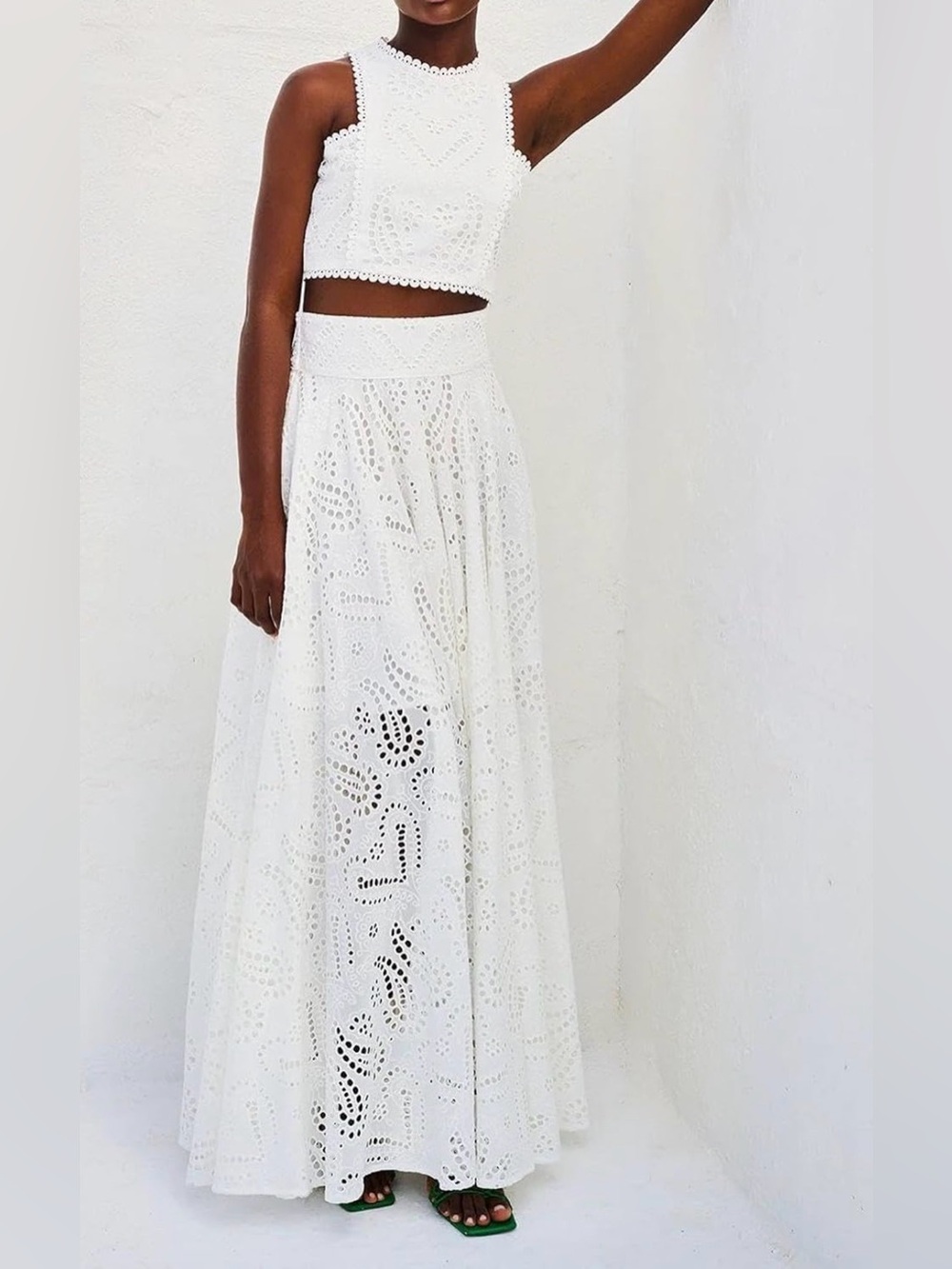 White Eyelet Maxi Skirt Set - Women